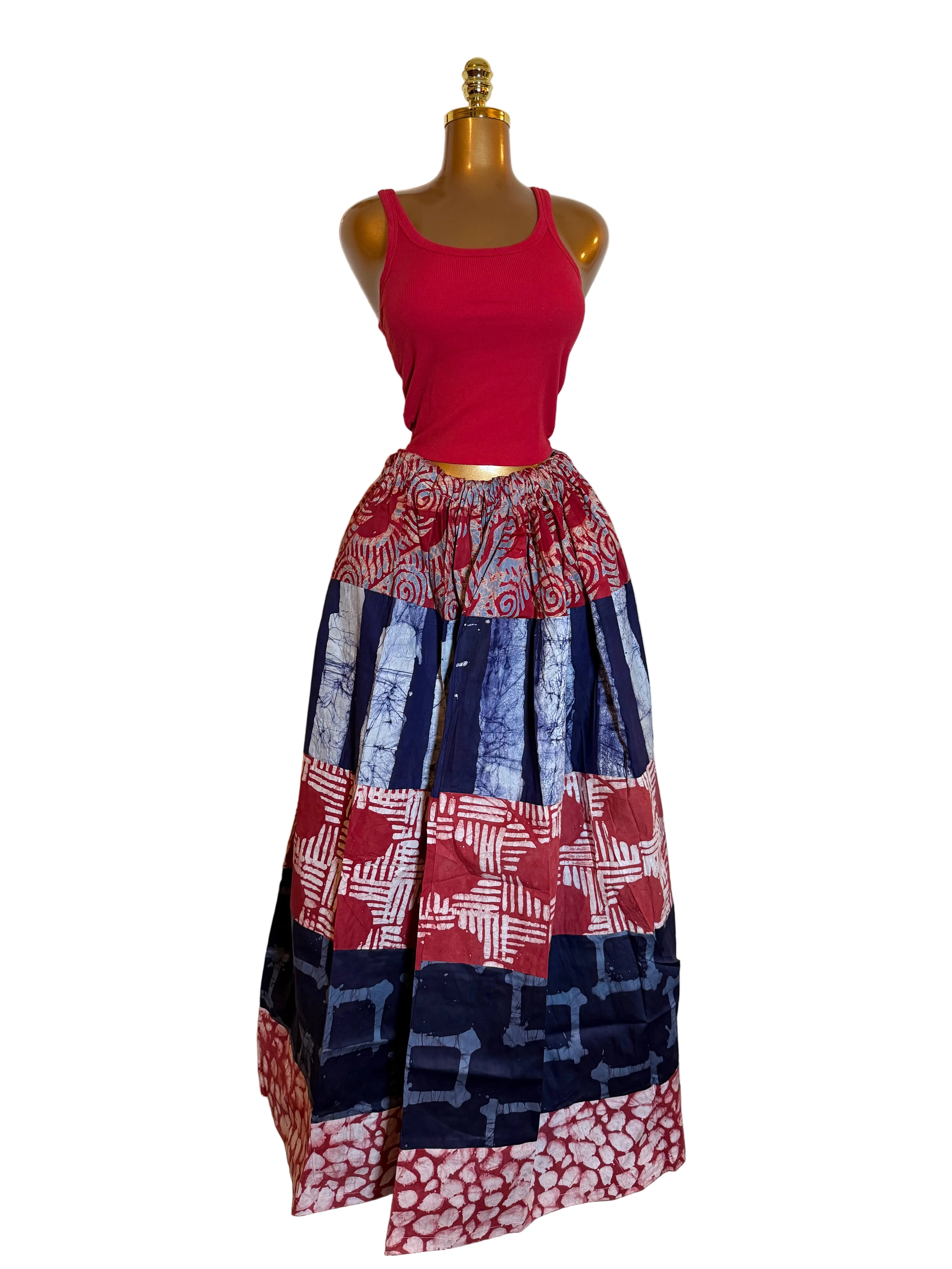 SERWAA ADIRE MULTI PATCH MAXI SKIRT