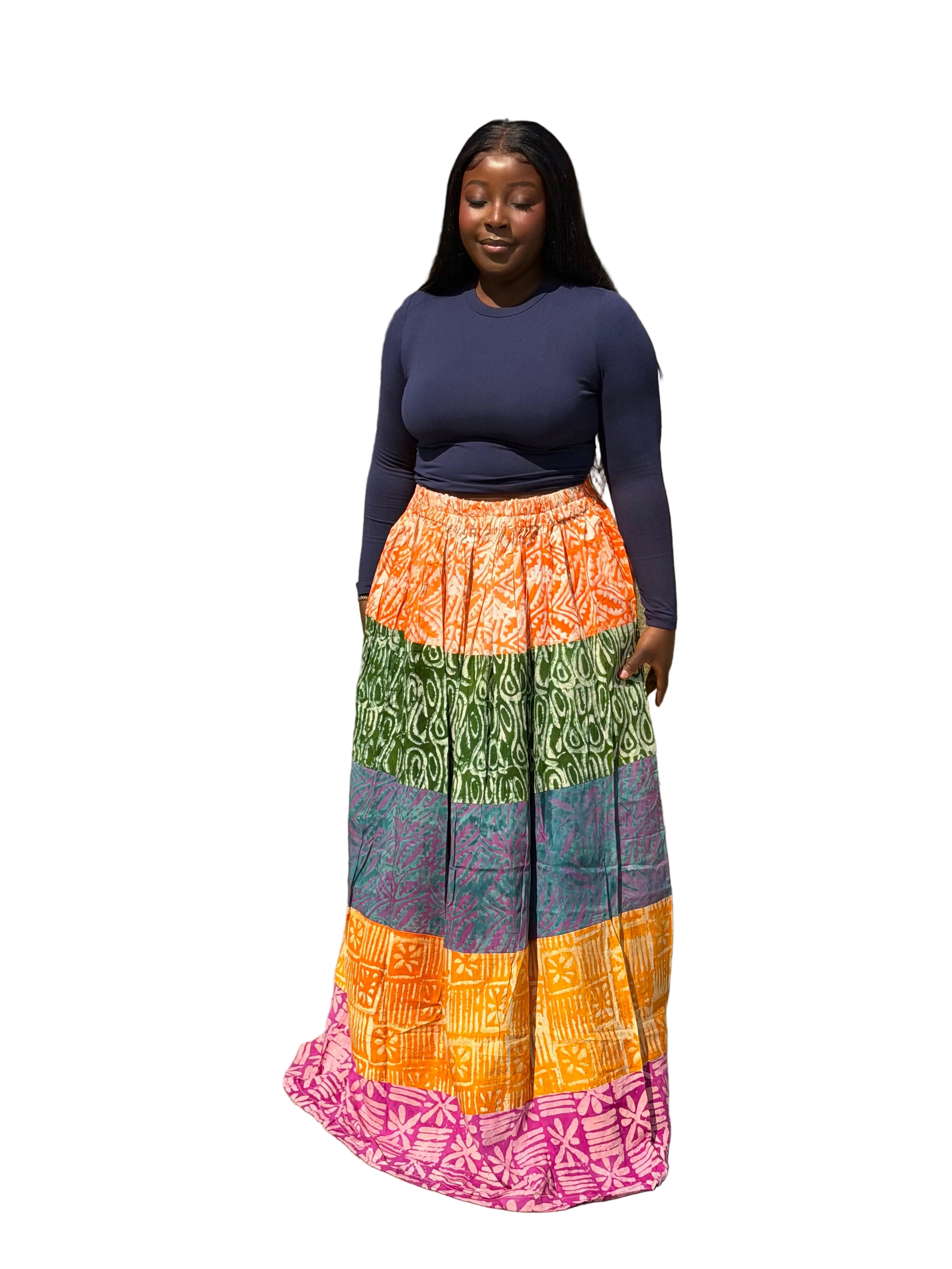 SERWAA ADIRE MULTI PATCH MAXI SKIRT