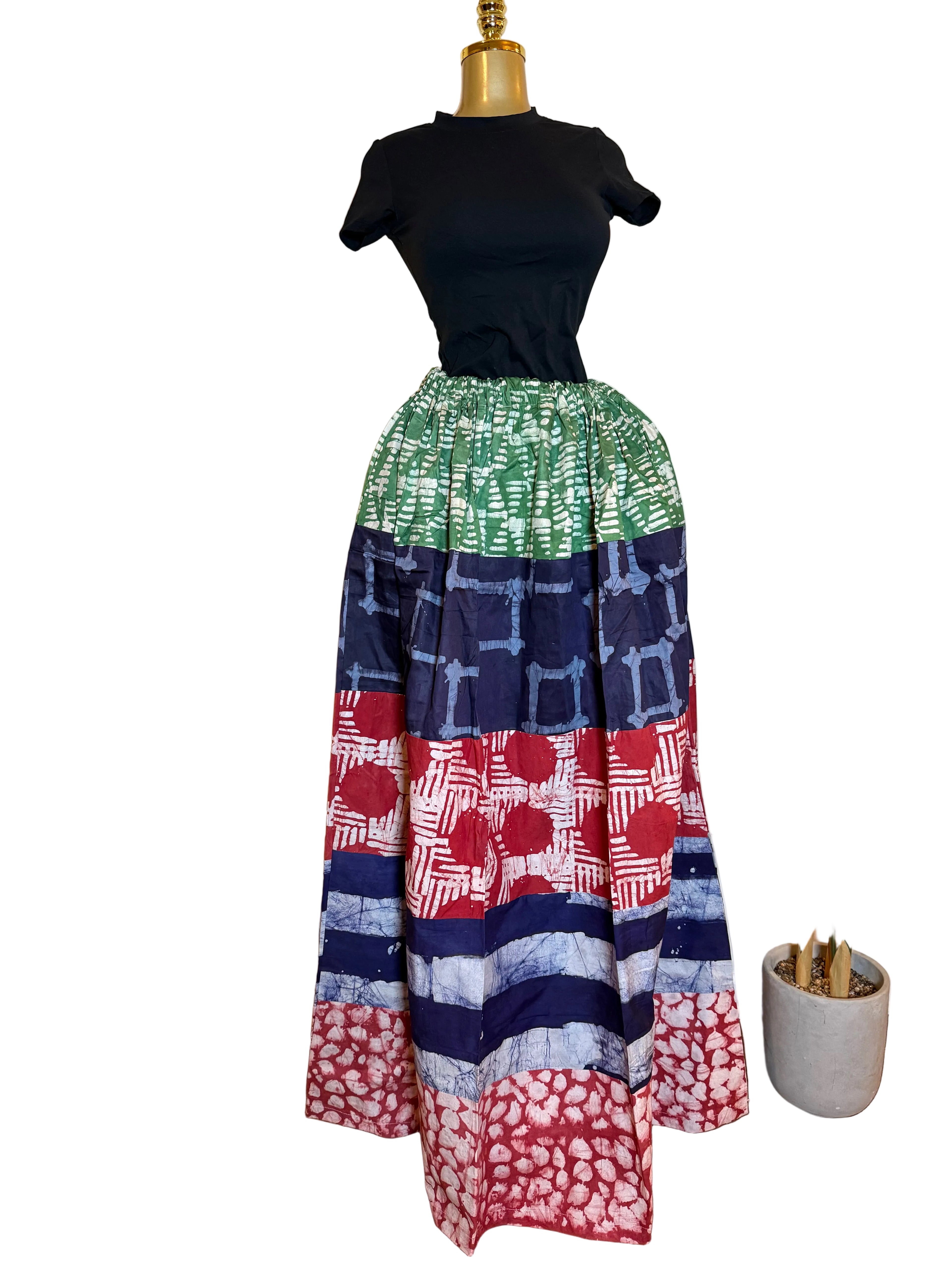 SERWAA ADIRE MULTI PATCH MAXI SKIRT